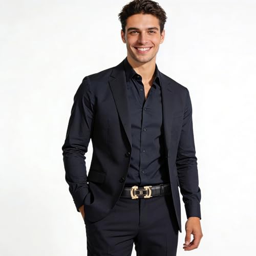 Image of Aurolran Men&Womens Leather Dress Belt Business Automatic Buckle Belt Color-Black Silver Gold