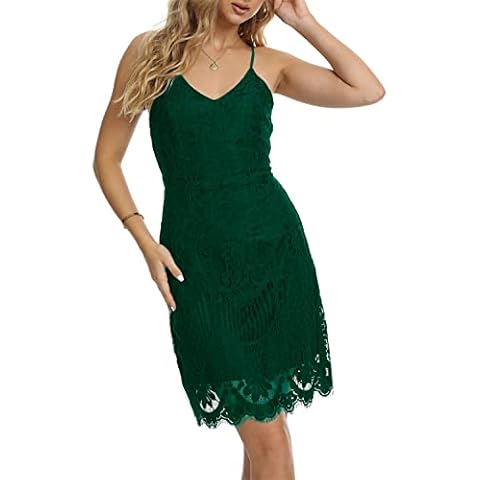 MSLG Bridal Shower Dresses for Guest Women's Cocktail Club Floral Lace Spaghetti Straps Sexy V Neck V Back Cocktail Dresses for Wedding Guest Dress 909 Green L Cover