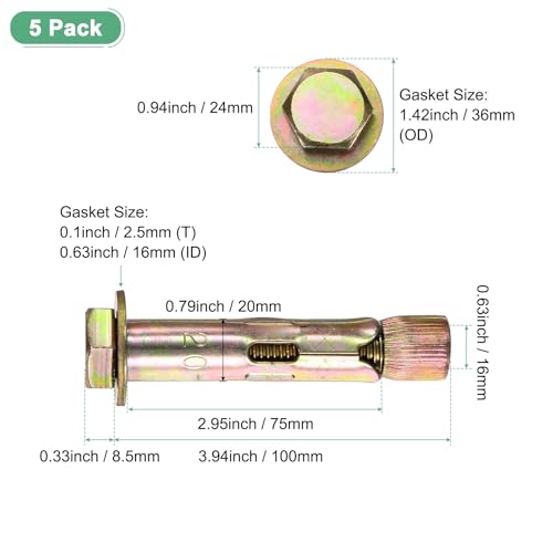 Image of M METERXITY 5-Pack Hex Expansion Bolt, M16x100mm Colored Galvanized Iron-Carbon Steel External Hex Expansion Bolts, Anti-Corrosion Metal Bolt for Concrete /Dry Brick /Block Walls