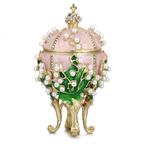 Hand Painted Enamel Pearl Flower Faberge Egg Trinket Box, Unique