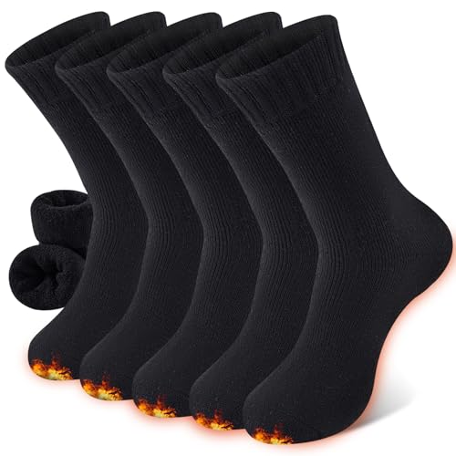Niorasen Thermal Wool Socks for Women 5 Pairs Multipack Ladies Warm Winter Walking Hiking Crew Socks for Boots Thick Comfy Cushioned Black & Multicolour Valentines Birthday Gifts for Girlfriend