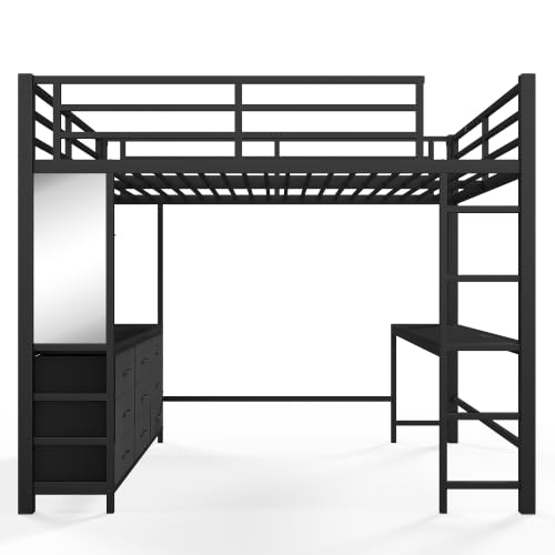 Image of Bellemave Metal Queen Loft Bed Frame with Desk, Storage Drawers,USB,Mirror for Adults,Kids,Teens,Black