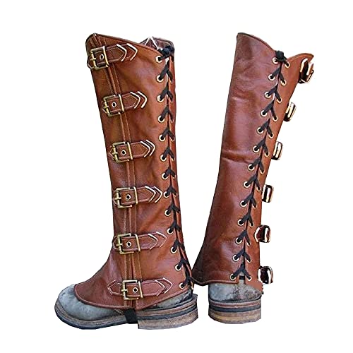 LIALIYA Polainas de Cuero Retro, Cubierta de Botas de Caballero Soldado Medieval Cubierta de Zapatos Ajustables de Cosplay gótico, para Senderismo, Escalada, Caza, Senderismo,Marrón