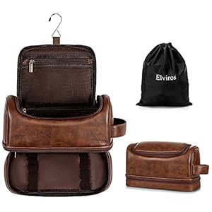 Elviros Water-Resistant Leather Toiletry Bag for Men Large Double-Layer Travel Wash Bag Shaving Dopp Kit Bathroom Gym…