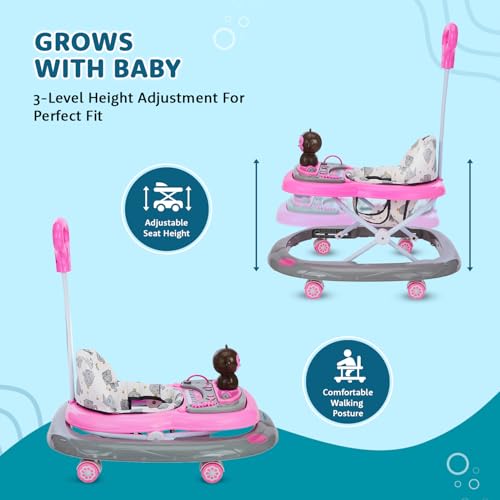 Image of Amazon Brand - Supples Baby Activity Walker with Parental Handle | BIS Certified | 3-Level Height Adjustment, Convertible Toy & Food Tray, Music, 360 Rotating Wheels | for 9+ Months | Grey & Pink