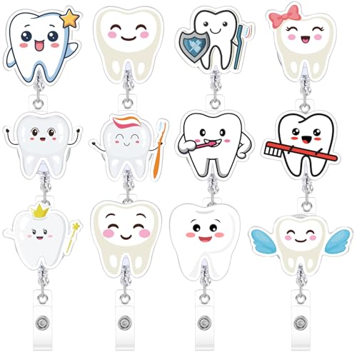 Geyoga 12 Pcs Dental Badge Reel Dental Hygiene Appreciation Gifts Tooth Shaped Badge Holder Retractable with ID Clip for Nurse Week Coworker Office Hygiene Hygienist School Student Friend Graduation