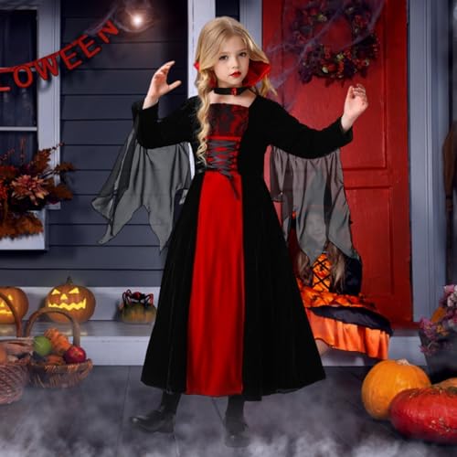 HarnyLoom Vampire Costume Kids Halloween Costumes for Girls Gothic Vampire Outfit Fancy Dress Up Set Halloween Vampiress Queen (S (3-4 years)) - Image 3