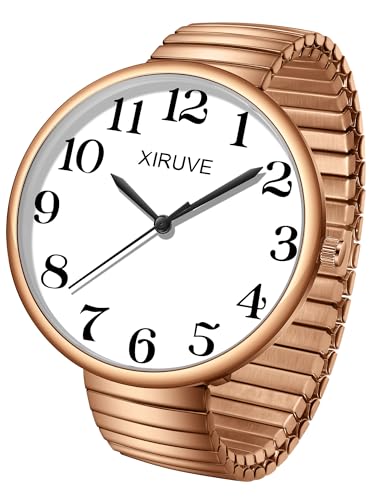 XIRUVE Facile à Lire Super Grand Cadran Chiffres Arabes Bracelet Élastique en Acier Inoxydable Montre à Quartz Analogique pour Femme Homme