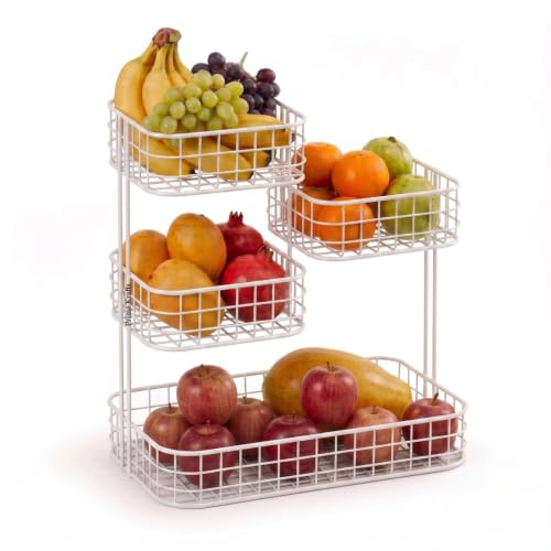 Image of 4 Tier Fruit Basket for Kitchen | Space Saving Decorative Kitchen Organizer | Multi-Layer Dining Table Organizer for Fruits, Snacks & Jars (4 Tier - White)