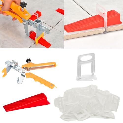 Aisamco Sistema de nivelación de azulejos de 0.039 in, 300 espaciadores de cuña de nivel de azulejos y 100 cuñas con 1 alicate para instalación de piedra de azulejos