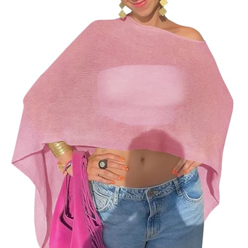 Fisoew Women Sheer Poncho Top Lightweight Knit Crochet Summer Shrug Bolero Off Shoulder Going Out Beach Cover up Pink