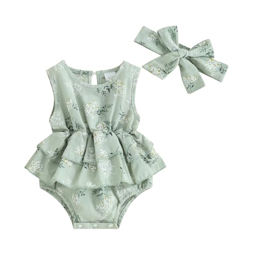 KMBANGI Newborn Infant Baby Girl Romper Dress Sleeveless Floral Print Round Neck Bodysuit with Headband 2 Pcs Summer Jumpsuit (Green, 0-3 Months)