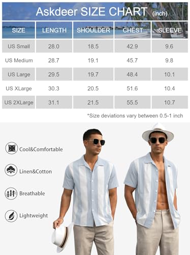 Askdeer Camisas masculinas de linho de manga curta com botões, casual, férias, praia, verão, B01 Azu