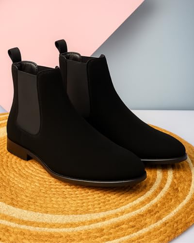 Image of Men's Leather Chelsea Boots, Ankle Length Slip-On with Memory Foam Insole, Block Heel, Round Toe, Water Repellent, Formal Wear, Black