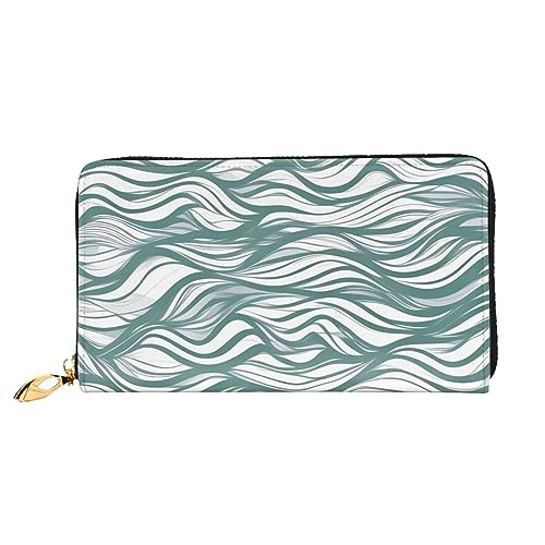 Green wavy stripe Women's Wallet Long Zip Around, Premium Vegan Leather Wallet with 12 Card Holders, Large Capacity,Gift Ready Packaging