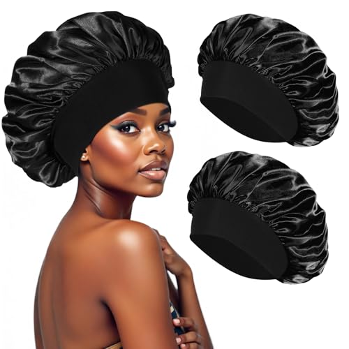 Photo de 2 Pièces Bonnet Satin Cheveux Nuit, Doux Bonnet en Satin Respirant Soins Les Cheveux (Noir)