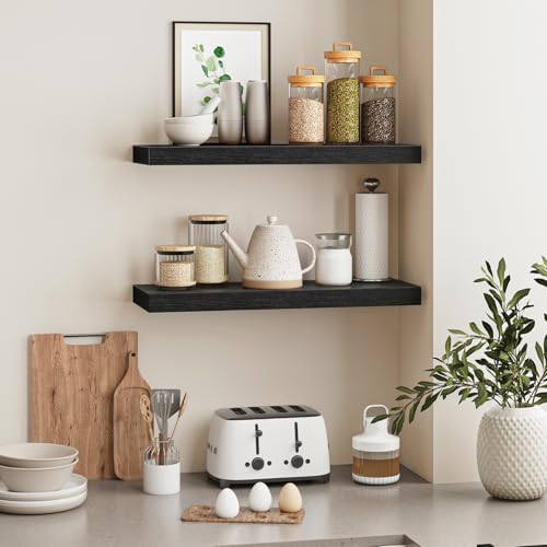 Fixwal Floating Shelves for Wall, 22" Long Wall Mounted Rustic Wood Shelves for Living Room, Bedroom, Bathroom and Kitchen, Wall Shelves for Storage, Books, Room Decor (Black, Set of 2) - Image 6