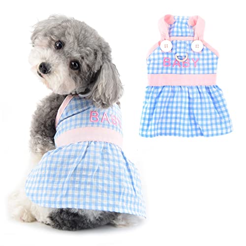 Ranphy Plaid Dog Dress for Small Dog Girls Pet Costume with D-Ring Puppy Clothing Spring Summer Outfits Chihuahua Yorkie Cats Apparel, Blue, S
