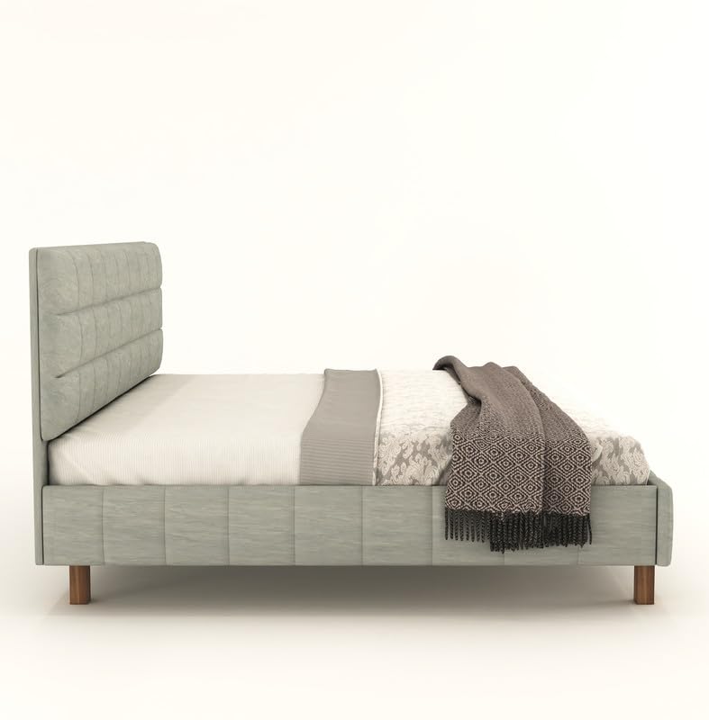 Image of MODESTY WOODS Queen Size Upholstered Bed Without Storage | Solid Sheesham Wood Wooden Cot with Cushioned Fabric Headboard | Modern Double Bed for Bedroom | Grey