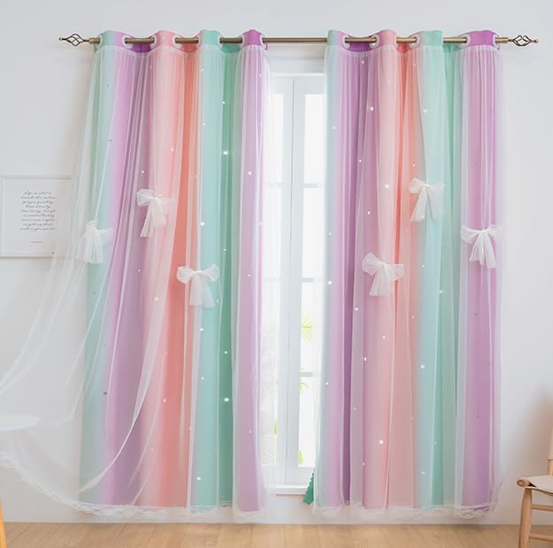 Image of Yancorp Curtains for Girls Bedroom Kids Curtain Hollow-Out Star Window Nursery Curtain 96 inches Length Room Darkening Grommet 2 Layers (Green Pink Purple, W52 X L96)