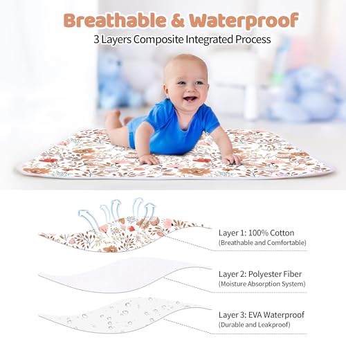 Diaper Changing Pads for Baby, Flower Change Mat, 3Layers Waterproof Change Pad Foldable Absorbent Mats for Women, Reusable Incontinence Underpads for Patient 24\'\'x30\'\'
