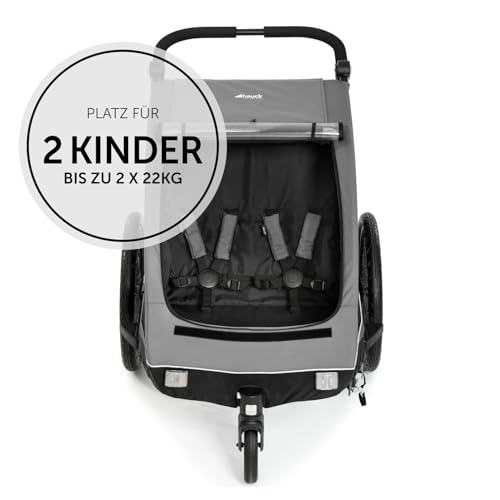 hauck Dryk Duo, Grey - 2in1 Fahrradanhänger & Kinderwagen für 2 Kinder ab 6 Monaten bis 22 kg/120 cm/4 Jahre, für Zwillinge & Geschwister, Faltbar, XL Stauraum, für Fahrrad, E-Bike & Pedelec