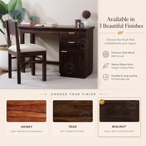 Image of NSH Solid Sheesham Wood Study Table with Chair | Wooden Writing Desk with Drawer & Door Storage | Pre-Assembled Computer Desk Workstation for Home Office & Study Room | Walnut Finish
