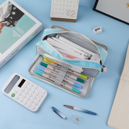 Image of Zqiue Large Pencil Case 3 Compartments Pencil Pouch Big Capacity Pencil Bag Oxford Stationery Storage Pen Bag Cosmetic Makeup Pouch for Women