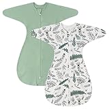 ZIGJOY Shark-Fin Transition Swaddle - 1.0 Tog Baby Sleep Sack Soft Cotton Transitional Swaddle Baby Wearable Blanket with 2-Way Zipper for All Seasons, Green&Leaf, 3-6 Months