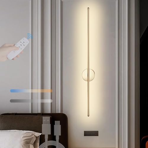 Apliques de pared LED regulables de 80cm en color oro con mando y carga USB
