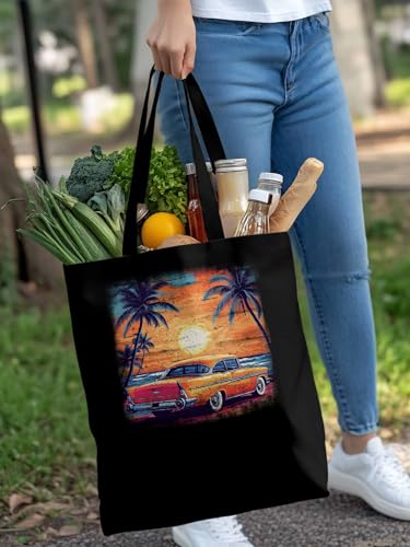 Canvas Tote Bag, Beach Palm Tree Car Sunset Orange Sky Aesthetic Canvas Tote Handbags for Women Shoulder Bag,4