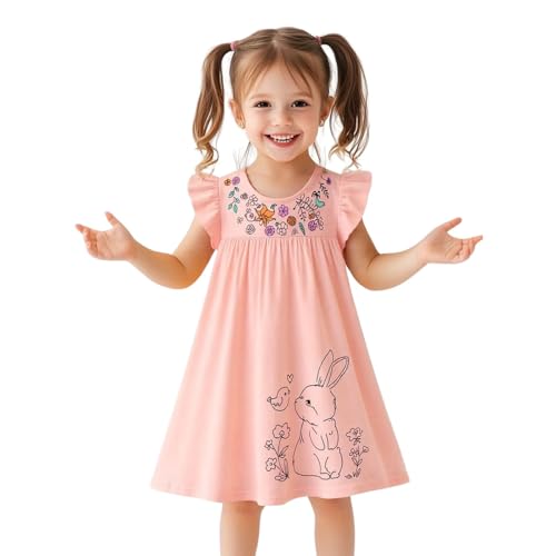 Toddler Girls Easter Spring Dress Pink Rabbit Cotton Casual Ruffle Short Sleeve Summer Bunny Playwear Clothes 4T