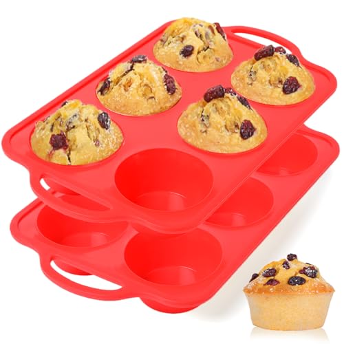 Image of CAKETIME Jumbo Muffin Pan, 3.5 Inch Large Muffin Pan with Metal Reinforced Frame 6 Cup Silicone Jumbo Cupcake Pans for Baking Easy to Handle 2 Pack Red
