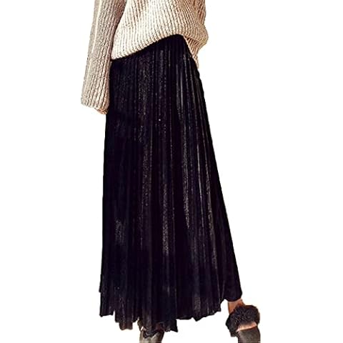 Women's Vintage Velvet Long Skirt High Waist Pleated Skirt (Black) Cover