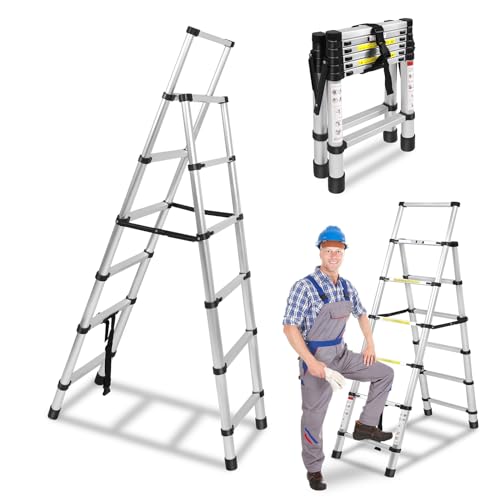 NAIZY Escalera telescópica de 1 7 m + 2 m extensible de aluminio antideslizante marco A extensible