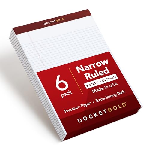 TOPS Legal Pads, 6 Pack, Premium Docket Gold Note Pads, 50 Narrow Ruled 8.5 x 11 Sheets, Thick White Paper with Extra Hard Back, Proudly Made in the USA