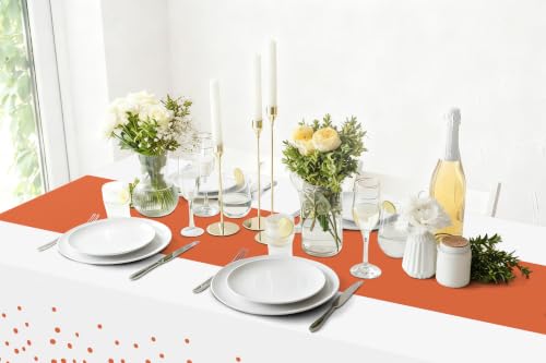 Image of Smiry Plastic Table Cloth Disposable 4 Pack, 54 x 108 Inch Rectangle Waterproof Tablecloth, Printed Gold Table Runner Style for Birthday Weeding, Party Decorations, Sturdy, White and Rust