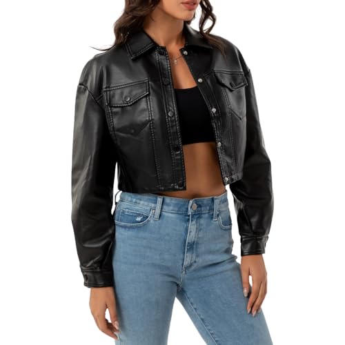 Women Faux Leather Cropped Jacket Bomber Casual Button Coat PU Moto Bike Outwear with Pockets4