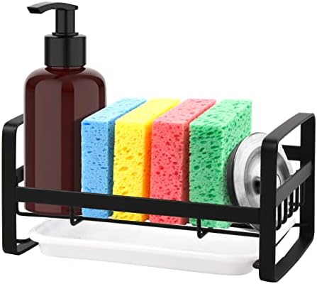 Sink Caddy Sponge Holder, Sink Caddy Organizer, Sponge Holder for Sink, Sink Tray Drainer Rack, Soap Dish Dispenser Brush Holder Storage Kitchen Countertop [Black]