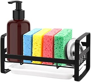 Sink Caddy Sponge Holder, Sink Caddy Organizer, Sponge Holder for Sink, Sink Tray Drainer Rack, Soap Dish Dispenser Brush Holder Storage Kitchen Countertop [Black]