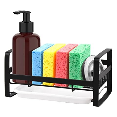 Sink Caddy Sponge Holder, Sink Caddy Organizer, Sponge Holder for Sink, Sink Tray Drainer Rack, Soap Dish Dispenser Brush Holder Storage Kitchen Countertop [Black] Cover