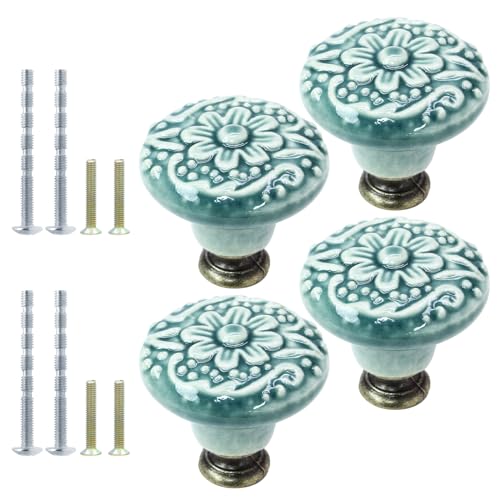 suiwotin 4pcs Green Ceramic Knobs, Vintage Kitchen Cabinet Knobs