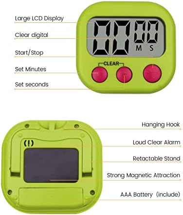 Kitchen Timer Digital, Pitasha Cooking Timer Magnetic/Backing Stand/ Hanging Hole, Count up&Count down with Loud Alarm Electronic Memory Timers for Kitchen Bathroom Training Classroom