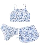 JiAmy Girls 3 Piece Bathing Suit Floral Printed Adjustable Strap Bikini Set with Beach Skirt Swimwear Blue Floral 11-12Y