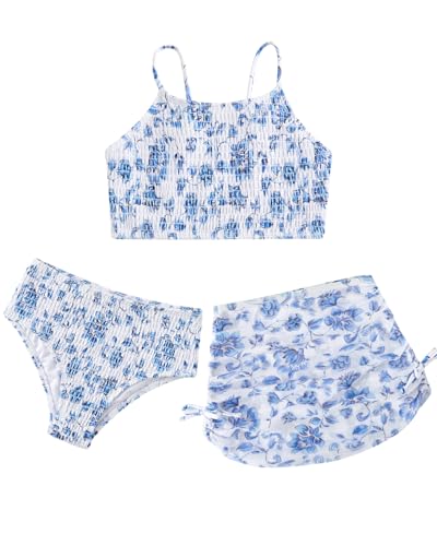 JiAmy Girls 3 Piece Bathing Suit Floral Printed Adjustable Strap Bikini Set with Beach Skirt Swimwear Blue Floral 11-12Y