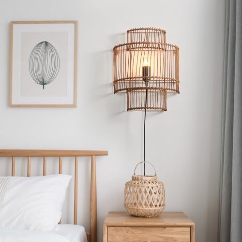 Image of Farmhouse Rattan Wall Sconce, Plug-in Wall Lamp Black Finish with Boho Woven Wicker Shade for Vanity, Stairway, Fireplace, Bedside, Passway, Hallway, Living Room