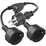 Doppelstecker für Steckdose, Verlängerungskabel Außen Schutzkontakt mit 2 AC Steckerdosen, HITRENDS 2 Fach Schuko Y Stromkabel 5 cm, Kurze Kabel, IP20 Wasserdicht, 1.5 mm², 16A/250V, Schwarz