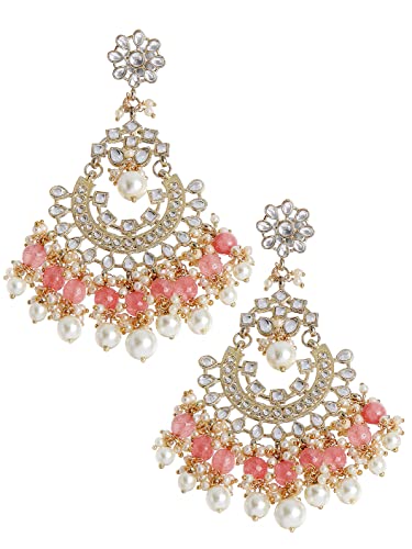 Image of Karatcart Gold Plated Pink Meena Lotus Design Kundan Dangler Earrings for Women (color may slightly vary due to photographic effect)