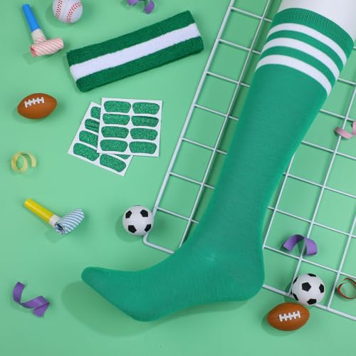 18 Pcs Team Spirit Accessories 6 Soccer Softball Socks 6 Stripe Headband Sweatbands 6 Glitter Eye Black Stickers for School Youth Women Cheerleading Sport Team Spirit Day Wear2