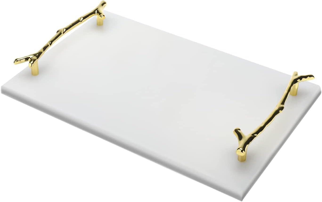 HighFreeMarble Stone Decorative Tray with Gold Handles, Real White Marble Tray, Handmade Jewellery Tray Catchall Tray Perfume Tray for Counter, Vanity, Dresser, Nightstand and Desk
